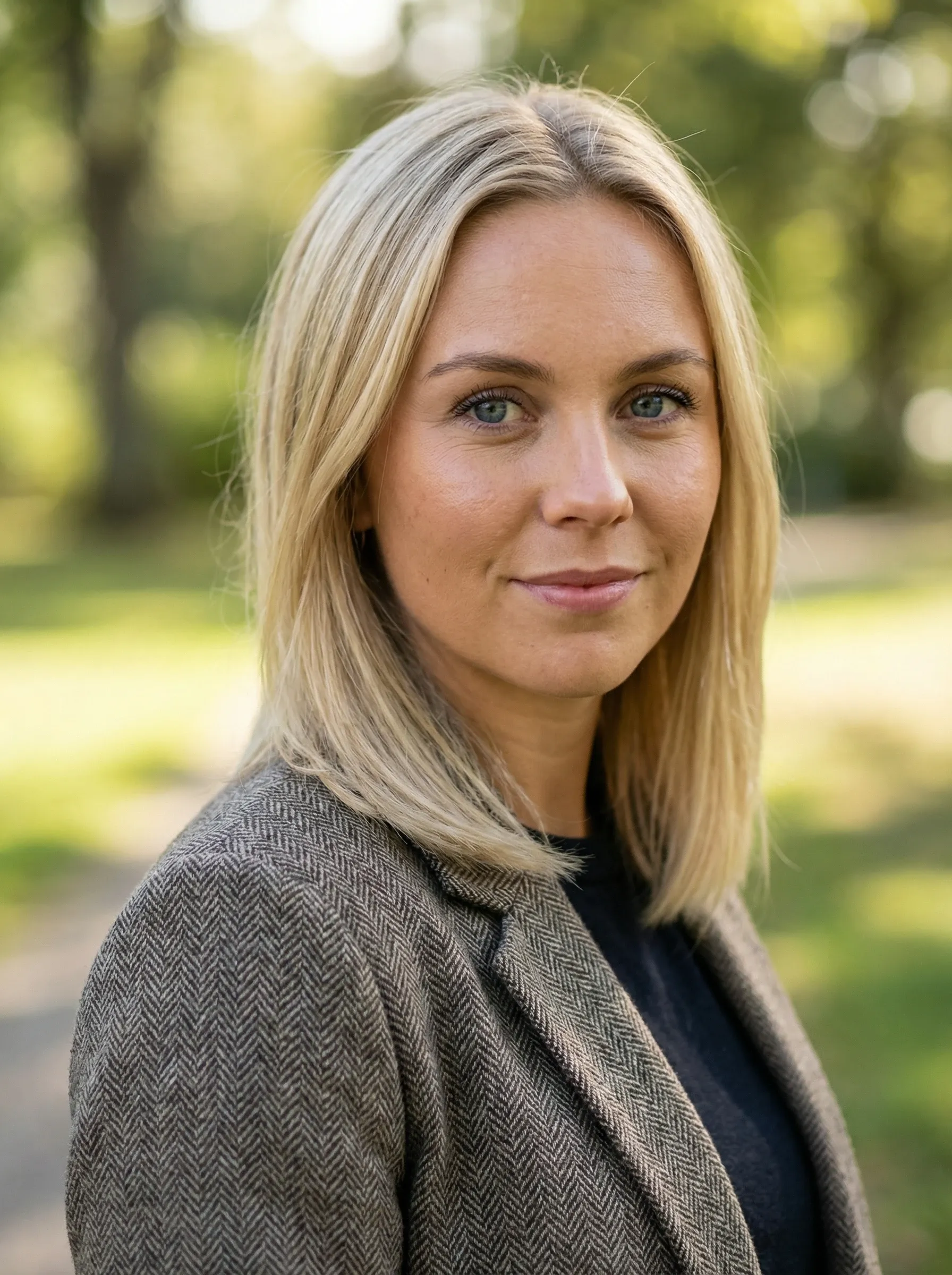 Professional headshot of a woman in a brown tweed blazer and black top outdoors in a park setting